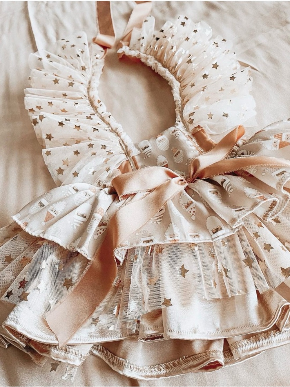 Christmas Santa Claus Ruffle Baby Dress with Satin Bow in Cream and Blush